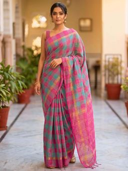 Ushvii - Pink Negamam Cotton Checks Saree with Unstitched Blouse