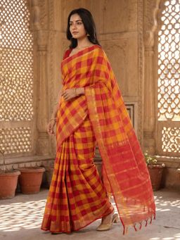 Ushvii - Orange Negamam Cotton Checks Saree with Unstitched Blouse