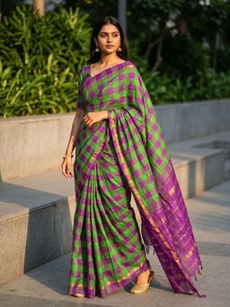 Ushvii - Purple Negamam Cotton Checks Saree with Unstitched Blouse