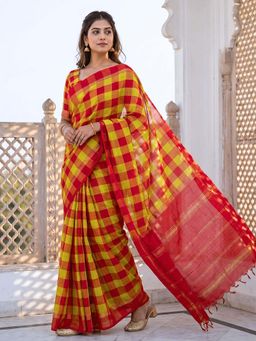 Ushvii - Yellow Negamam Cotton Checks Saree with Unstitched Blouse