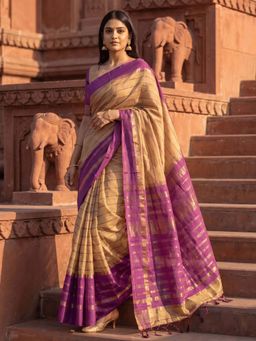 Ushvii - Beige Negamam Cotton Stripes Saree with Unstitched Blouse