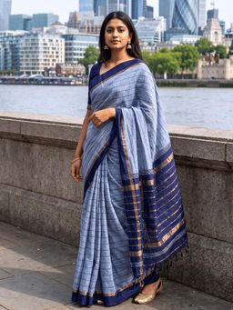 Ushvii - Grey Negamam Cotton Stripes Saree with Unstitched Blouse