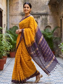 Ushvii - Mustard Negamam Cotton Stripes Saree with Unstitched Blouse