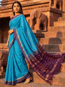 Ushvii - Blue Negamam Cotton Stripes Saree with Unstitched Blouse
