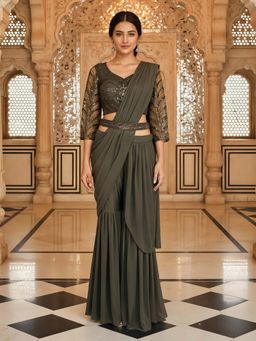 Chhabra 555 - Olive Georgette Embellished Pre-Draped Saree and Stitched Blouse with Belt
