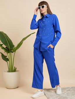 KASSUALLY - Blue Mostunique Pearl Embellished Basic Co-ord (Set of 2)