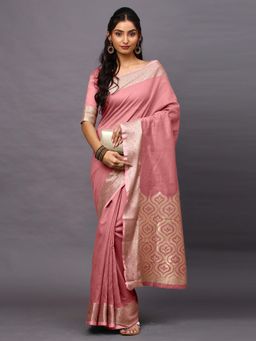 Akhilam - Women Pink Linen Blend Woven Saree with Unstitched Blouse