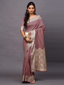 Akhilam - Women Mauve Linen Blend Woven Saree with Unstitched Blouse
