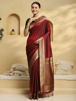 Akhilam - Women Maroon Silk Blend Woven Saree with Unstitched Blouse