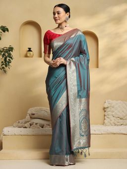Akhilam - Women Teal Silk Blend Woven Saree with Unstitched Blouse