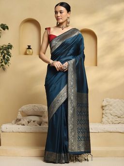 Akhilam - Women Teal Silk Blend Woven Saree with Unstitched Blouse