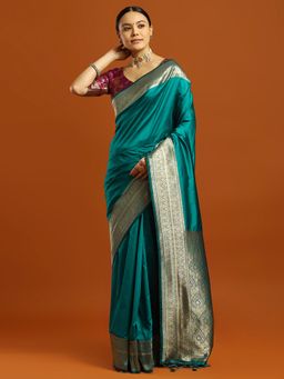 Akhilam - Women Teal Silk Blend Woven Saree with Unstitched Blouse