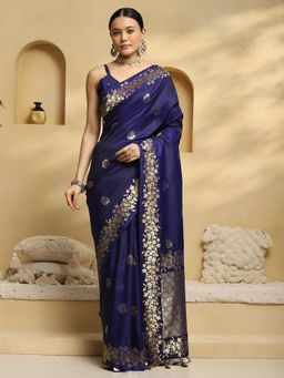 Akhilam - Women Navy Blue Silk Blend Woven Saree with Unstitched Blouse