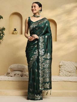 Akhilam - Women Green Silk Blend Woven Saree with Unstitched Blouse