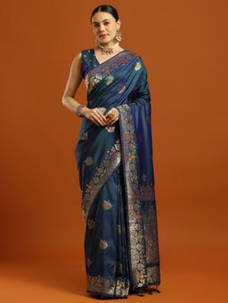 Akhilam - Women Blue Silk Blend Woven Saree with Unstitched Blouse