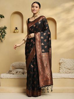 Akhilam - Women Black Silk Blend Woven Saree with Unstitched Blouse