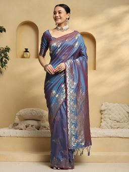 Akhilam - Women Blue Silk Blend Woven Saree with Unstitched Blouse