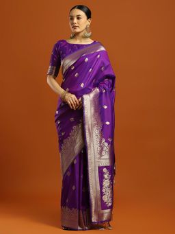 Akhilam - Women Purple Silk Blend Woven Saree with Unstitched Blouse