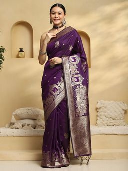 Akhilam - Women Purple Silk Blend Woven Saree with Unstitched Blouse