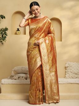 Akhilam - Women Mustard Silk Blend Woven Saree with Unstitched Blouse
