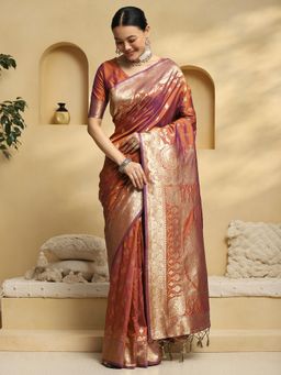 Akhilam - Women Rust Silk Blend Woven Saree with Unstitched Blouse