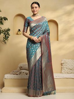 Akhilam - Women Teal Silk Blend Woven Saree with Unstitched Blouse