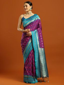 Akhilam - Women Purple Silk Blend Woven Saree with Unstitched Blouse