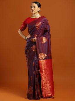 Akhilam - Women Purple Silk Blend Woven Saree with Unstitched Blouse