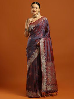 Akhilam - Women Maroon Silk Blend Woven Saree with Unstitched Blouse