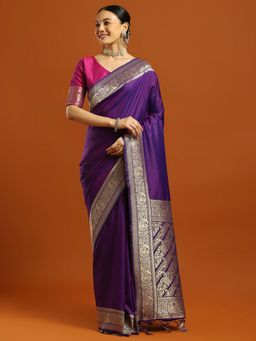 Akhilam - Women Purple Silk Blend Woven Saree with Unstitched Blouse