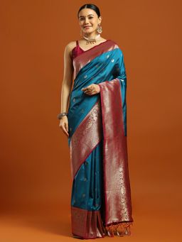Akhilam - Women Blue Silk Blend Woven Saree with Unstitched Blouse
