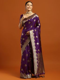 Akhilam - Women Purple Silk Blend Woven Saree with Unstitched Blouse