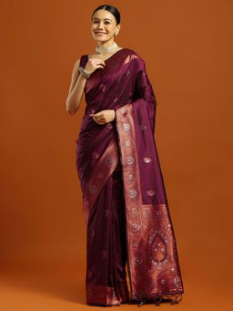 Akhilam - Women Burgundy Silk Blend Woven Saree with Unstitched Blouse