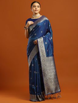 Akhilam - Women Blue Silk Blend Woven Saree with Unstitched Blouse