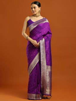 Akhilam - Women Purple Silk Blend Woven Saree with Unstitched Blouse