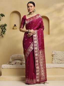 Akhilam - Women Magenta Silk Blend Woven Saree with Unstitched Blouse