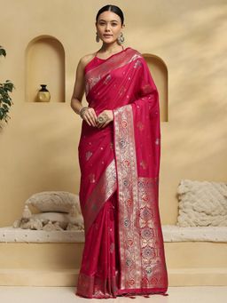 Akhilam - Women Pink Silk Blend Woven Saree with Unstitched Blouse