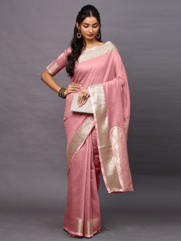 Akhilam - Women Pink Linen Blend Woven Saree with Unstitched Blouse