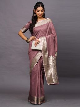 Akhilam - Women Mauve Linen Blend Woven Saree with Unstitched Blouse