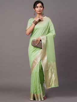Akhilam - Women Green Linen Blend Woven Saree with Unstitched Blouse