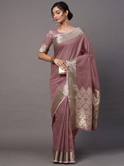 Akhilam - Women Mauve Linen Blend Woven Saree with Unstitched Blouse