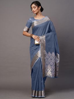 Akhilam - Women Blue Linen Blend Woven Saree with Unstitched Blouse