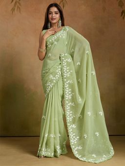 Akhilam - Women Green Tissue Embroidered Saree with Unstitched Blouse