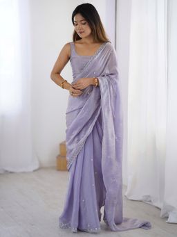Akhilam - Women Lavender Tissue Embellished Saree with Unstitched Blouse