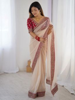 Akhilam - Women White Chiffon Embellished Saree with Unstitched Blouse