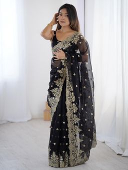 Akhilam - Women Black Net Embellished Saree with Unstitched Blouse