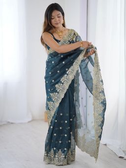 Akhilam - Women Teal Net Embellished Saree with Unstitched Blouse