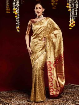 Akhilam - Women Gold Silk Blend Woven Saree with Unstitched Blouse