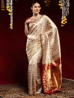 Akhilam - Women Grey Silk Blend Woven Saree with Unstitched Blouse