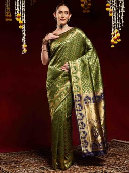 Akhilam - Women Green Silk Blend Woven Saree with Unstitched Blouse